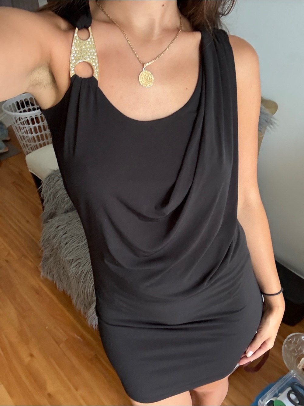 MICHAEL Michael Kors Black One-Shoulder Draped Mini Dress with Gold Ring